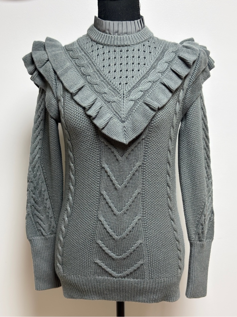 Ted Baker Denita Ruffled Cable Knit Mock Neck Sweater - Gray Size 0